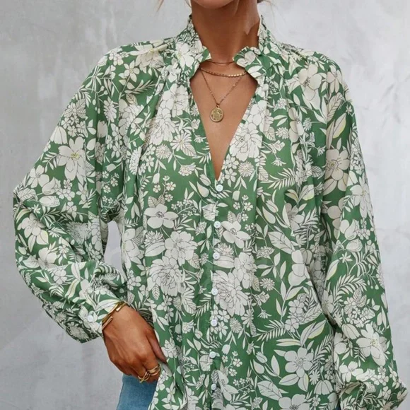 Floral Print Green White Button Down Shirt Bishop Long Sleeve - Picture 5 of 11